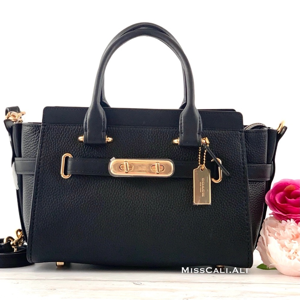 NWT COACH Swagger 27 Pebbled Leather Satchel Bag - Black